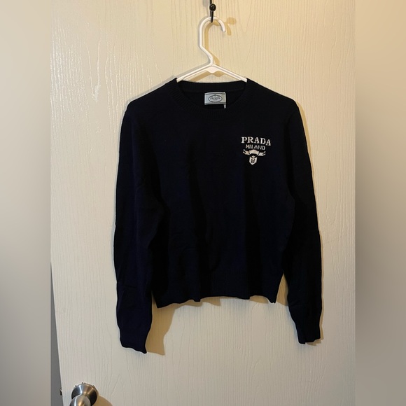 PRADA Navy Cashmere/Wool White Intarsia Logo Pullover Sweater 40/US 4